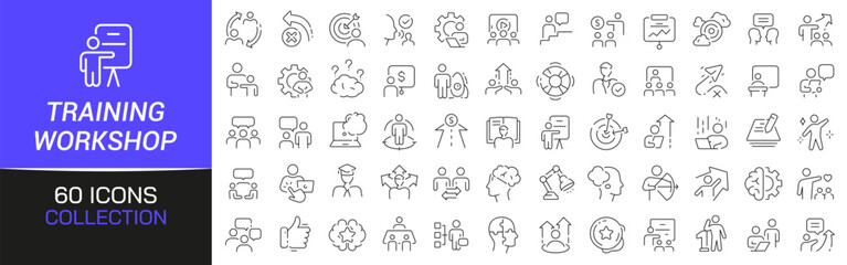 Poster - Training and workshop line icons collection. Thin outline icons pack. UI icon collection. Set of line web pictogram