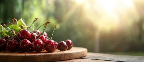 Poster - Sweet cherries on a wooden cutting board against a green background Summer sweetness concept Copyspace for text