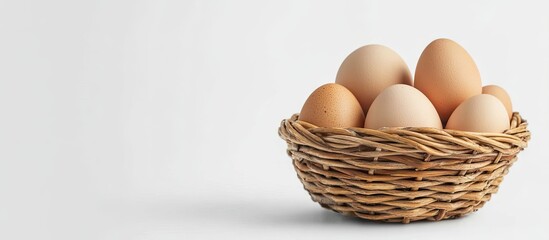 Fototapete - Eggs in a woven basket set against a white background. with copy space image. Place for adding text or design