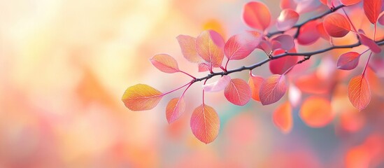 Poster - Saskatoon Amelanchier alnifolia branch featuring vibrant leaves set against a blurred background The focus is selective with a shallow depth of field. with copy space image