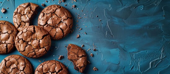 Poster - Chocolate crackle cookies on a blue backdrop copy space