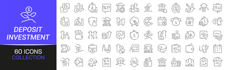 Leinwandbilder - Deposit and investment line icons collection. Thin outline icons pack. UI icon collection. Set of line web pictogram