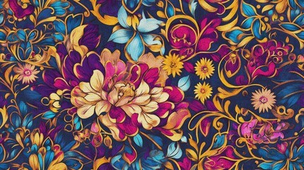 Sticker - Luxury sketch for invitations greeting cards fabric or textiles Ornate design elements on a Moroccan inspired backdrop Raster seamless pattern in Eastern style featuring yellow blue and magenta flo