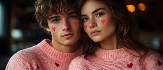 Wall Mural - Couple in Pink Sweaters with Hearts on Their Cheeks