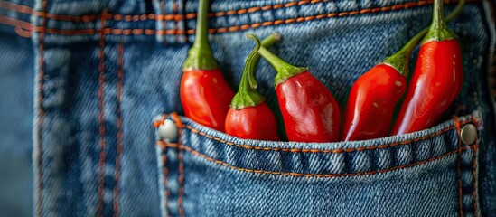 red hot chili peppers in a pocket of jeans. with copy space image. Place for adding text or design