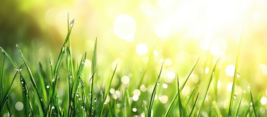 Aufkleber - Fresh green grass with sunlight and water droplets in the background. with copy space image. Place for adding text or design