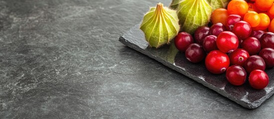 Poster - Physalis fruit Cape gooseberries alongside cranberries and kiwi on a cut glass platter placed on a slate background with copy space
