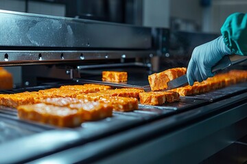 Wall Mural - Gloved Hand Using Tongs to Place a Food Product on a Conveyor Belt