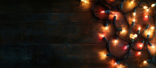 Poster - Overhead view of Christmas lights on a dark wooden table. with copy space image. Place for adding text or design