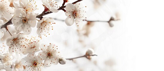 Fototapete - Branch adorned with lovely white apricot blossoms against a white natural background Spring image featuring copyspace