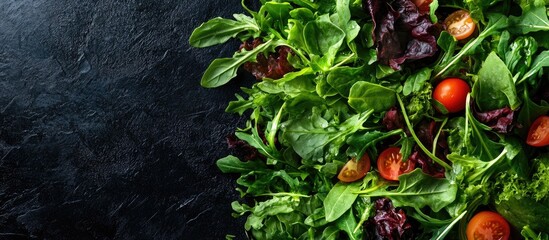 Poster - Mixed salad greens Healthy food backdrop Top view with copyspace