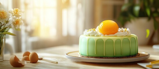Aufkleber - Pandan Cake topped with golden egg yolk thread on the table. with copy space image. Place for adding text or design