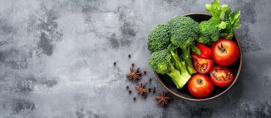 Fototapete - Top view of a healthy and tasty bowl containing a tomato branch broccoli bell pepper anise and black pepper on a grey background with copyspace Food Photography