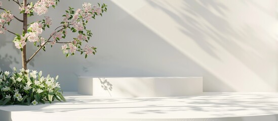 Geometric empty podium plaster platform for product display accompanied by spring flowers and shadows on a white background. with copy space image. Place for adding text or design