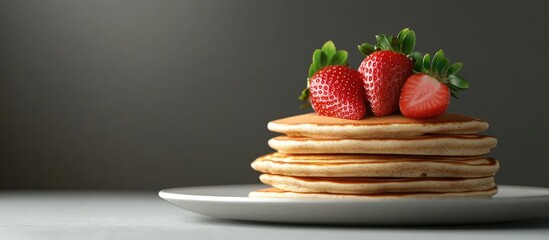 Fototapete - Small grain pancakes with strawberries quick healthy breakfast pancake porridge set against a gray background. with copy space image. Place for adding text or design