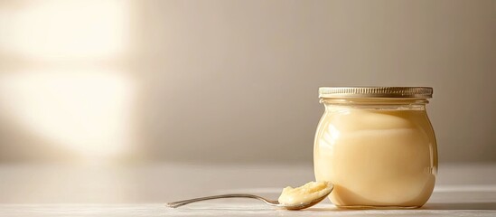 Poster - Jar and spoon with sweetened condensed milk on a light backdrop. with copy space image. Place for adding text or design