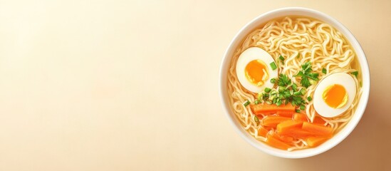 Fototapete - Homemade Oriental Ramen noodle soup featuring egg carrot onion and parsley Vegan dish Nutritious meal. with copy space image. Place for adding text or design