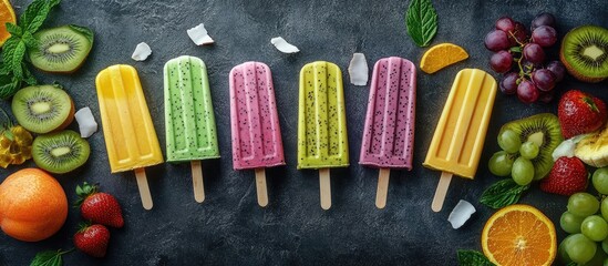 Aufkleber - Tropical ice cream popsicles made with chia seeds and fruit juices pineapple orange mango banana kiwi coconut grapes peach and strawberry with copyspace