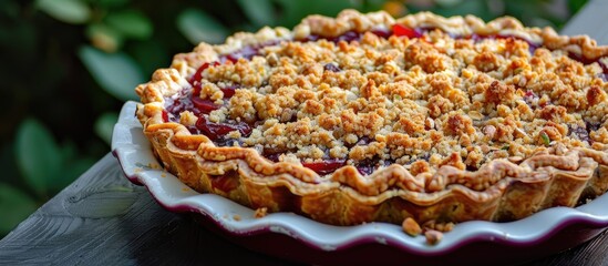 Poster - Close up of a homemade plum pie topped with pistachio crumble placed on a baking tray outside. with copy space image. Place for adding text or design