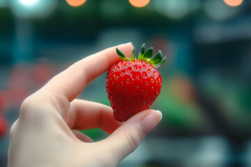 Close up of female hand holding a ripe red strawberry, blurred background