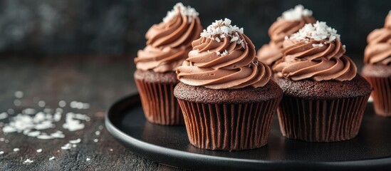 Aufkleber - Sweet chocolate pastry cupcakes topped with cocoa frosting and buttercream on a black plate set against a dark wooden background sprinkled with coconut flakes vertical view copyspace