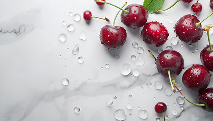 Wall Mural - Fresh ripe cherries with water drops on white marble table, flat lay. Space for text