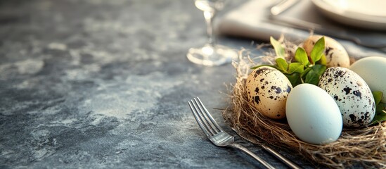 Aufkleber - Easter dinner table setting for the holiday adorned with eggs on a stone background featuring copyspace