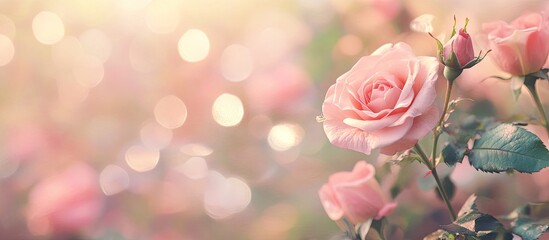 Leinwandbilder - Close up of pink roses with a soft blur bokeh texture in vintage pastel colors for a background Copy space