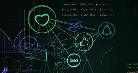 Wall Mural - Animation of financial data processing and network of connections with icons on black background