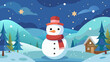 © Nata - Cheerful snowman wearing a hat and scarf in a snowy winter landscape with a cozy cabin