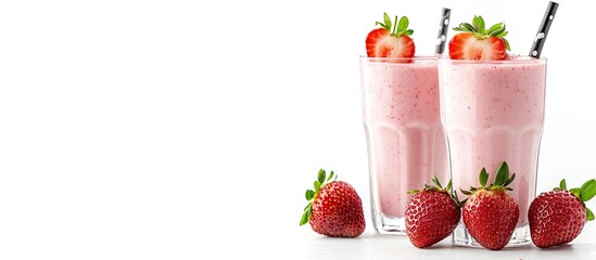 Aufkleber - Two glasses of fresh Korean strawberry milk topped with homemade strawberry compote sauce set against a white background with copy space for text