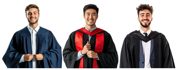 Set of Confident smiling student in graduation gown, isolated on white background, academic achievement