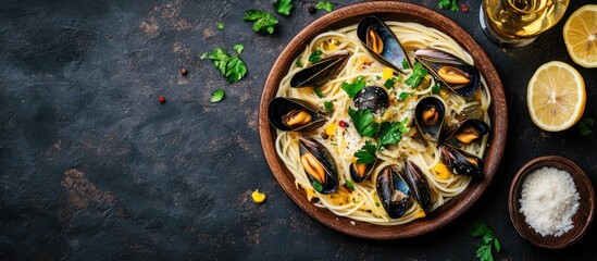 Poster - Pasta with mussels parmesan cheese white wine and lemon slices A classic Mediterranean dish Top view Copy space