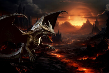 Wall Mural - Flying angry black dragon fantasy remix