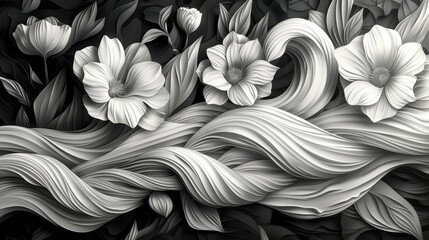 abstract background, black and white, flowers, 3d, art, illustration, wallpaper, background