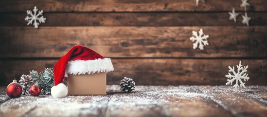 Aufkleber - Christmas decorations include snowflakes a box and a Santa hat on a wooden background. with copy space image. Place for adding text or design