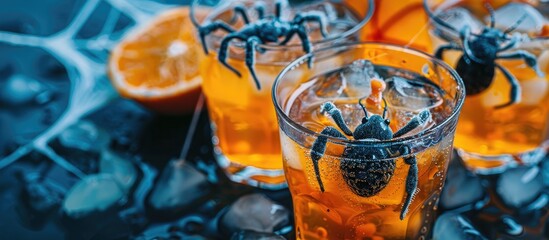Wall Mural - It s Halloween season Vibrantly colored drinks with candies set against an orange spider web featuring cockroaches Selective focus. with copy space image. Place for adding text or design