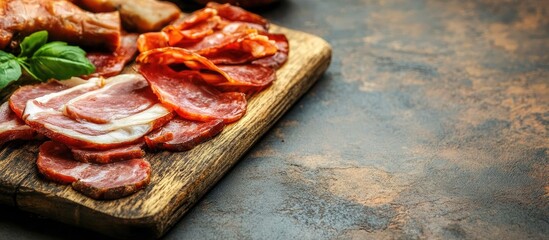 Poster - Pork smoked meat appetizer meal snack on the table with copyspace food background rustic
