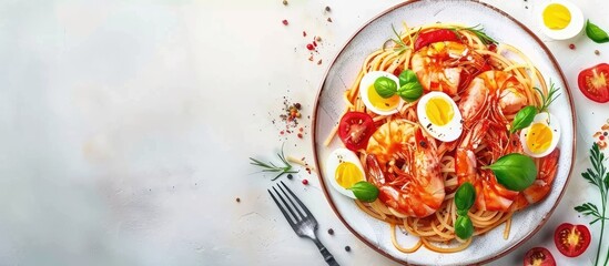 Aufkleber - Spicy seafood spaghetti with shrimp and eggs on a white plate background Traditional Italian cuisine tasty food with great flavor. with copy space image. Place for adding text or design