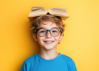 Wall Mural - A young boy with glasses and a blue shirt stands against a yellow background