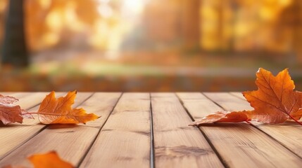 Canvas Print - A wooden table with autumn leaves on it in the background, AI