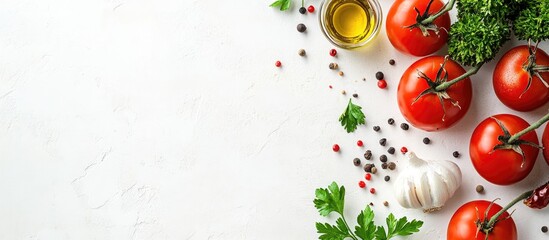 Poster - White cooking background featuring essential Italian Mediterranean ingredients tomatoes parsley olive oil salt pepper garlic flat lay on a white table top view copyspace
