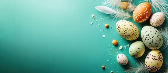 Poster - Banner featuring Easter eggs and feathers on a green background Long banner format top view. with copy space image. Place for adding text or design