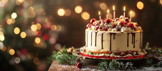 Poster - Christmas cake on an ornate table for New Year s Eve. with copy space image. Place for adding text or design