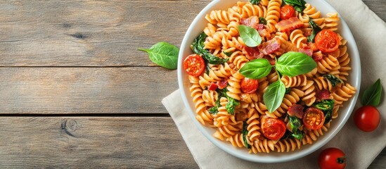 Aufkleber - Baked homemade fusilli pasta with bacon cream spinach and fresh cherry tomatoes rests on a napkin on a wooden table Close up top view. with copy space image. Place for adding text or design