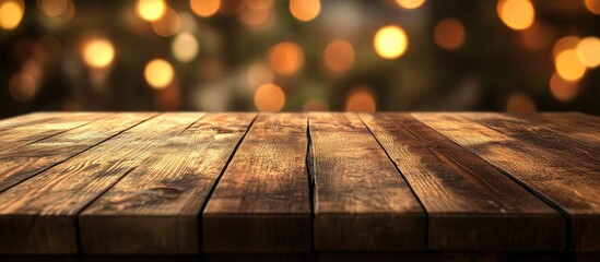 Wall Mural - Selected focus on an empty brown wooden table with a blurred background featuring a bokeh effect Suitable for your photomontage or product display. with copy space image