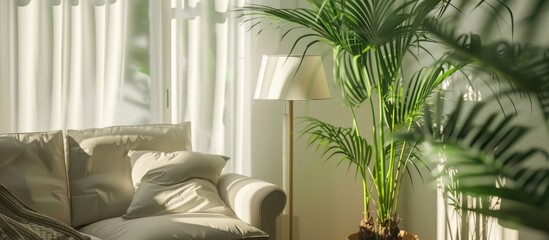 Aufkleber - Nordic lamp and tropical leaf simple decor items Scandinavian minimalist white interior. with copy space image. Place for adding text or design