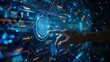 © elita888.element - Hand touching virtual screen with shield and binary code on dark blue background