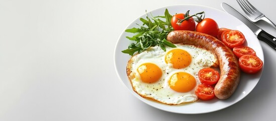 English breakfast consists of fried eggs sausages tomatoes and arugula American cuisine. with copy space image. Place for adding text or design