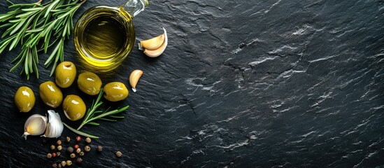 Poster - Top view of olive oil and ingredients olives garlic and rosemary on a natural black slate background featuring copyspace for your text
